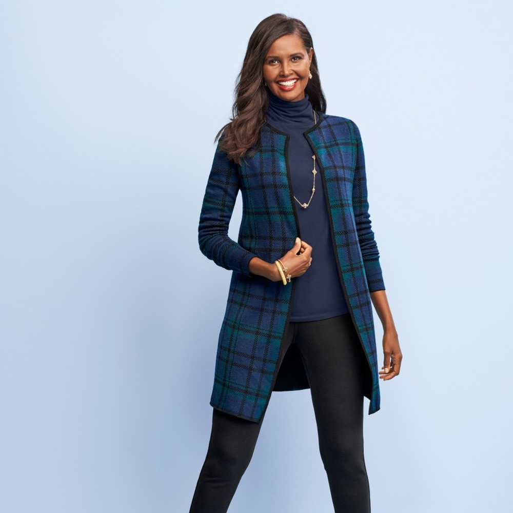 EUC Talbots wool black watch plaid open-front merino cardigan